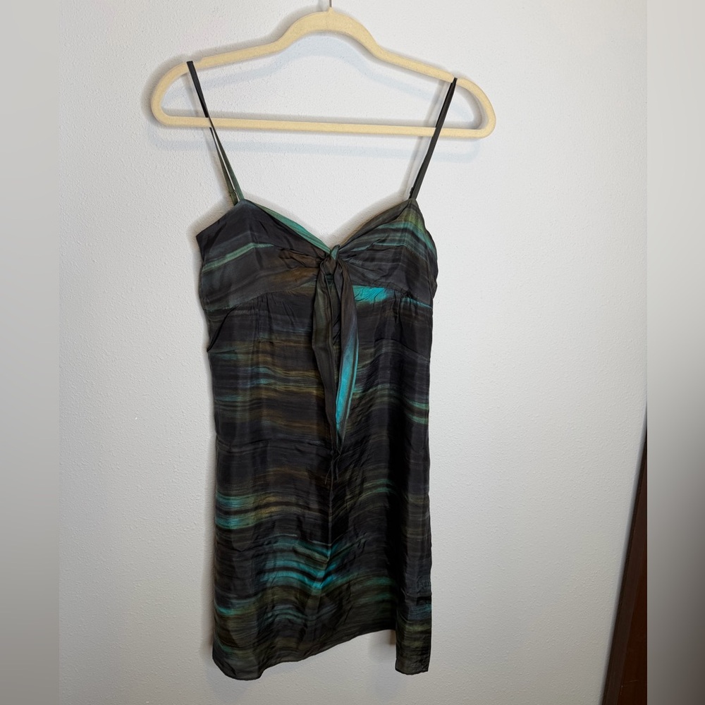 Theory ombré silk bow mini dress lined green black size 4